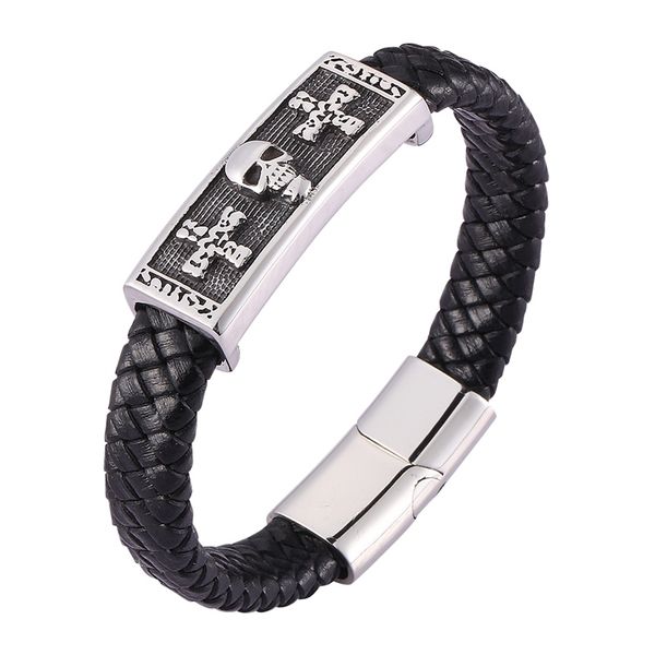 

punk rock black braided leather bracelet stainless steel cross skull bracelets magnetic clasp fashion bangle men jewelry c0480, Golden;silver