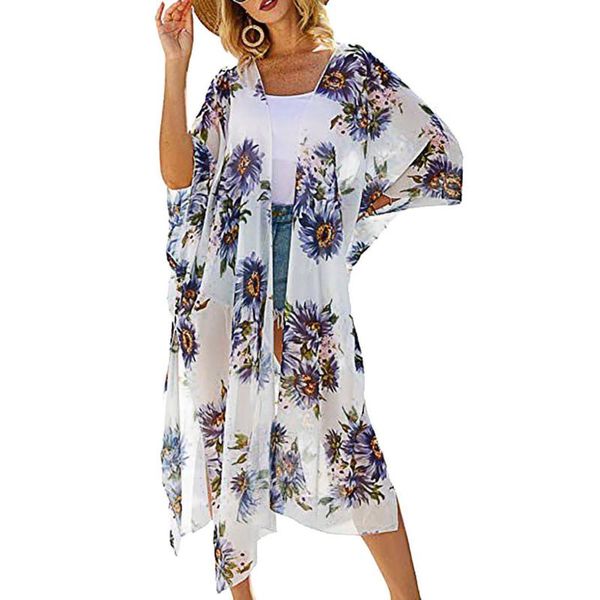 

women's swimwear women shawl long smock bohemian beach wear sun cover holiday chiffon gradient up loose blouse cardigan, White;black