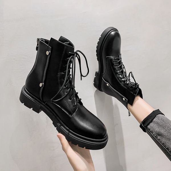

boots women's black ankle lace up round toe motorcycle med heels shoes j88