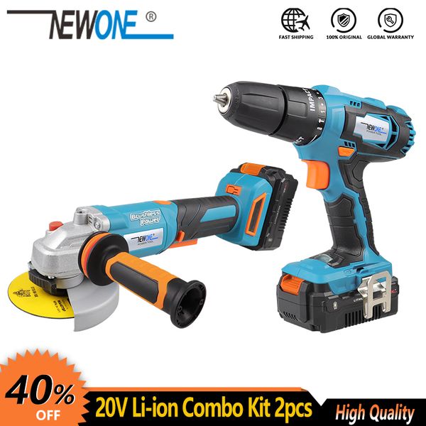 

newone electric power tool 20v li-ion cordless impact drill/screwdriver cordless brushless angle grinder, combo kit grinding