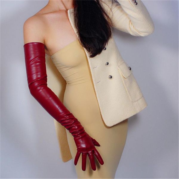 

five fingers gloves fashion women extra long leather 70cm over elbow imitation sheepskin pu dark red 3-push70, Blue;gray