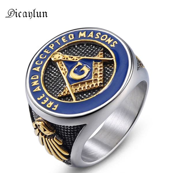 

dicaylun masonic mason rings men stainless steel signet ason ring steel blue asonry punk jewelry mens male gifts, Golden;silver