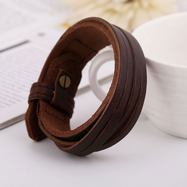 

men pu leather multi-layer bracelets punk bracelet male vintage brown solid hand jewelry bangle bracelet accessoreis homme, Golden;silver