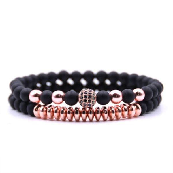 

2 pcs/1 set micro inlaid zircon stretch men women beads bracelet black gold color luxury gift