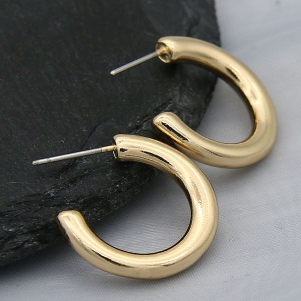 

women simple gold silver color glossy c-shaped hollow hoop earrings metal round opening creative earring jewelry, Golden;silver