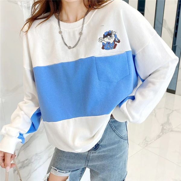 

korean style 2020 autumn new color matching embroidery cartoon embroidered sweater aging all-match lazy style round neck sweater for women 9, Black