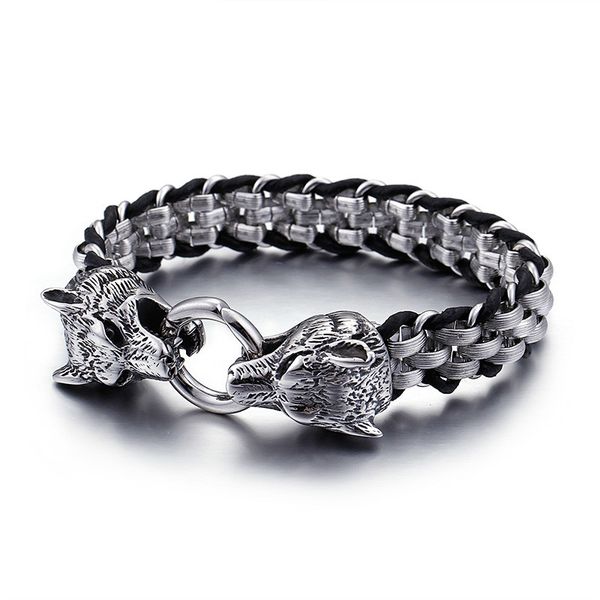 

tennis punk rock man double wolf head stainless steel chain bracelet with genuine leather wrap 17mm wide bracelets men jewelry gifts, Golden;silver