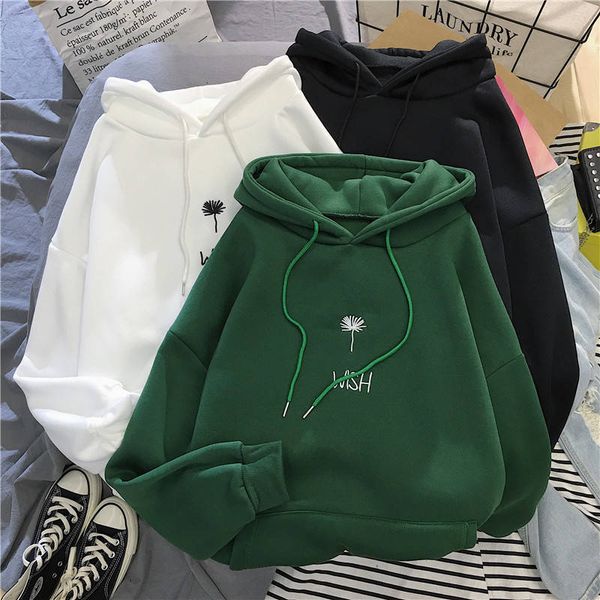 

hooded sweatshirt women's autumn and winter new letter embroidery plus velvet thick casual student i loose wild pullover women, Black