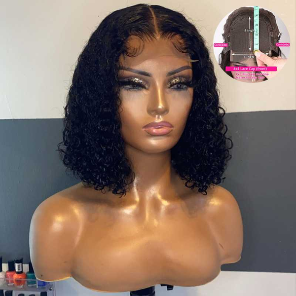 

lace wigs 4*4 short curly bob wig closure human hair for women natural hairline plucked remy brazilian 150%, Black;brown