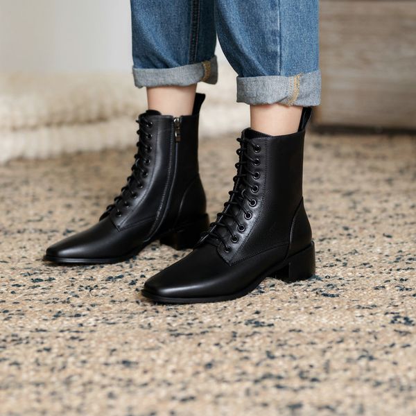 

2020 new 34-43 plus size chunky boots real leather boots square toe leather ankle lace-up simple, Black