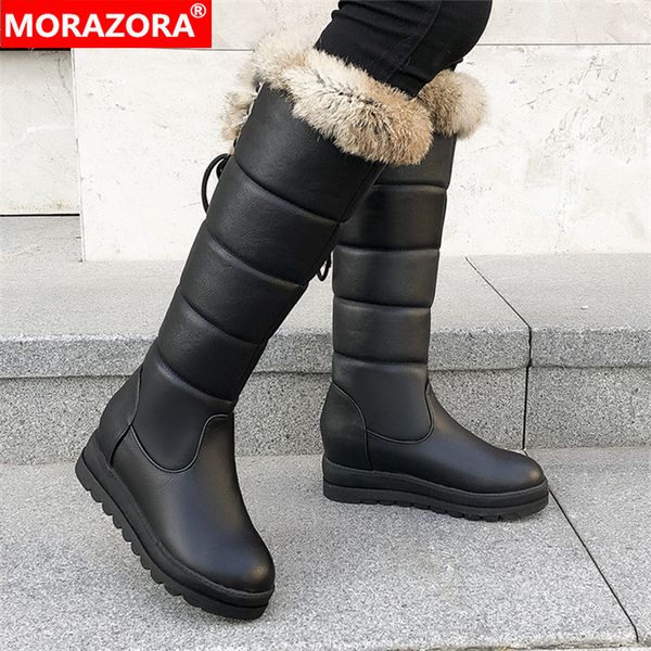 

morazora 2020 зима новый прибыть согреться колено высокие сапоги удобные плоские пятки круглый носок платформы черные красные ботинки женщин, Black