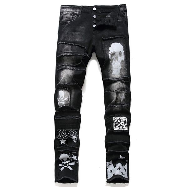 

new foreign trade washed hole sticking cloth skull print men's slim small feet elastic black jeans, Blue