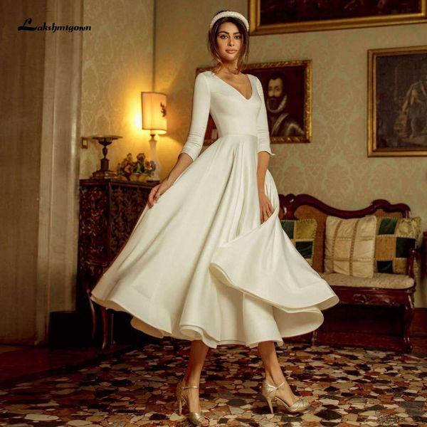 

vestido vintage tea length wedding dress with sleeves 2020 elegant bridal receipt dinner gowns satin a line wedding dresses, Blue;red