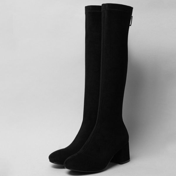 

women's winter high boots quality suede knee high boots black flock casual low heel autumn shoes woman black woman long