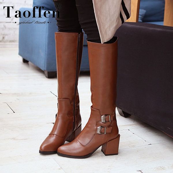 

taoffen женщины пряжки мотоцикл сапоги toe zipper остроконечного офис дама длинные сапоги женская обувь женщина обувь размер 34-43, Black