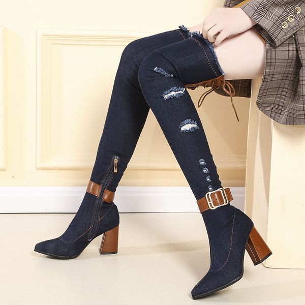 

сексуальные женщины тонкий бедренной кости высокие denim boots весна 2020 коренастый высокие каблуки обувь женщина casula cowboy над коленом, Black