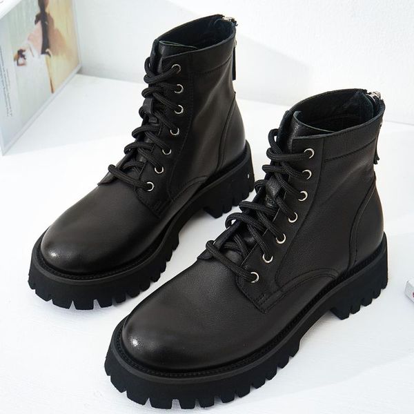 

women's genuine leather thick sole platform flats autumn lace-up punk motorcycle boots soft comfortable short booties shoes sale, Black