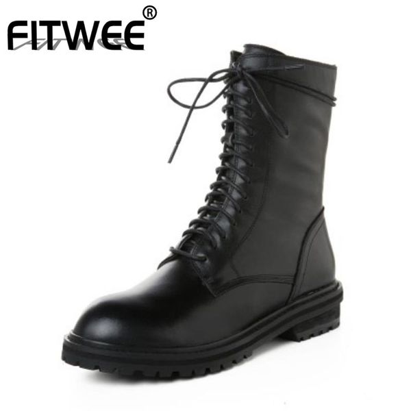 

fitwee woman flat heel ankle boots real leather metal chain woman winter shoes fashion punk ladies short boots size 34-43, Black
