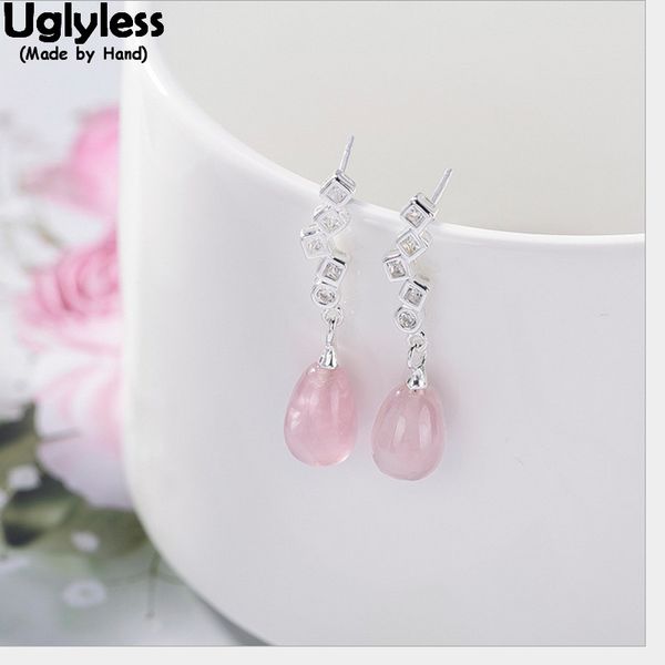 

uglyless 100% real 925 sterling silver handmade natural pink crystal earrings for women water drop gemstone fine jewelry brincos