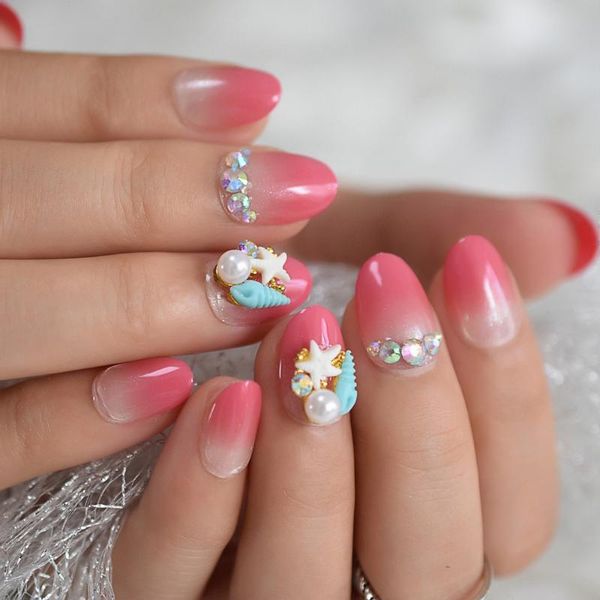 

ombre pink fake nails short oval gradient color shimmer french nail sea style rhinestones decoration faux ongles for daily wear, Red;gold