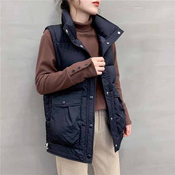 

fashion solid color sleeveless designer womens vests sweet style single breasted double pockets outerwear autumn winter female clothing, Black;white