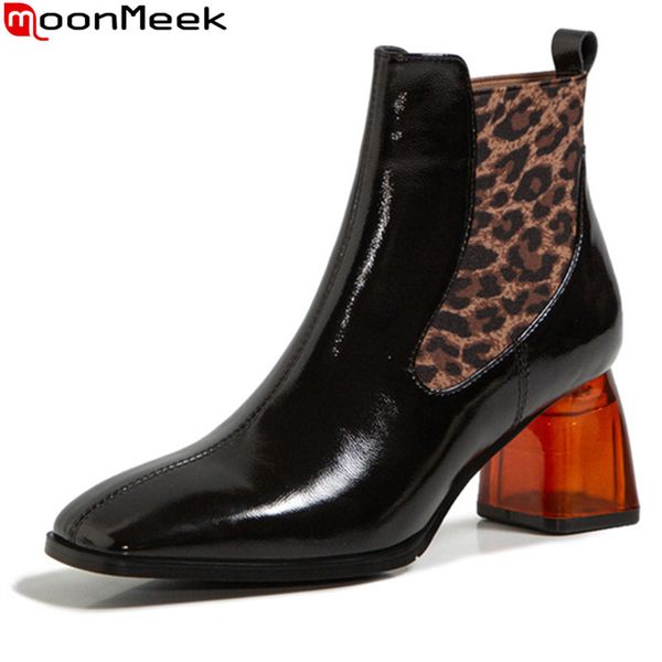 

moonmeek 2020 genuine leather boots thick high heels square toe leopard ladies shoes autumn winter ankle boots for woman, Black