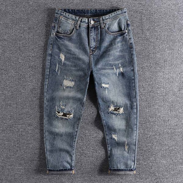 

2020 new arrival men's ripped jeans fashion brand light blue versatile american style trendy straight trouser 0388