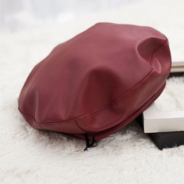 

pu leather beret beanie hat french artist kawaii flat caps solid color retro cap headwear for women girls, Blue;gray