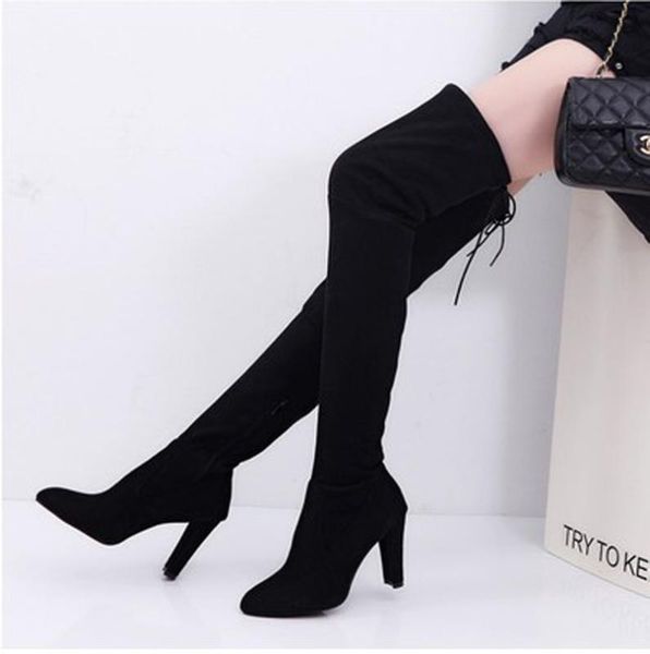 

new flock leather women over the knee boots lace up high heels autumn woman shoes winter women boots size 34-43, Black