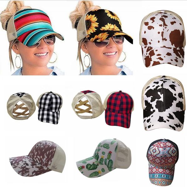 

new sunflower ponytail baseball cap 16 styles criss cross washed cotton ball cap plaid cactus high messy buns hats dda551, Blue;gray