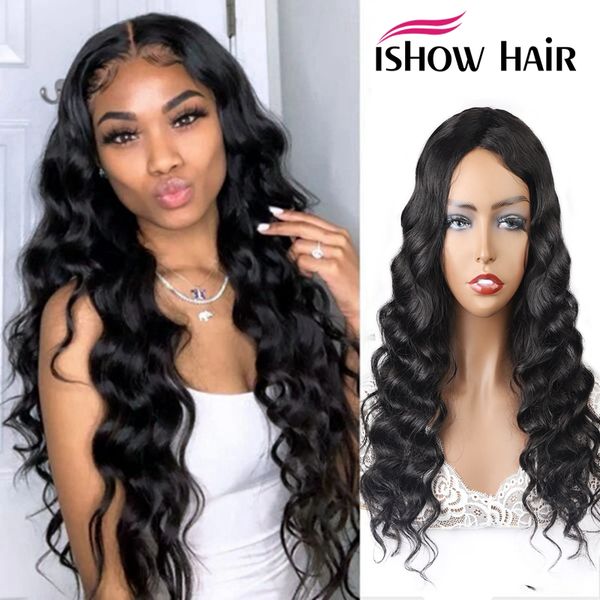 

ishow 28 30inch brazilian water loose deep yaki straight human hair wigs middle peruvian curly none lace wigs indian hair malaysian body, Black;brown