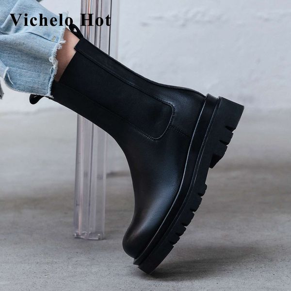 

vichelo 2020 winter new large size genuine leather round toe high heels thick bottom concise style solid mid-calf boots l51, Black