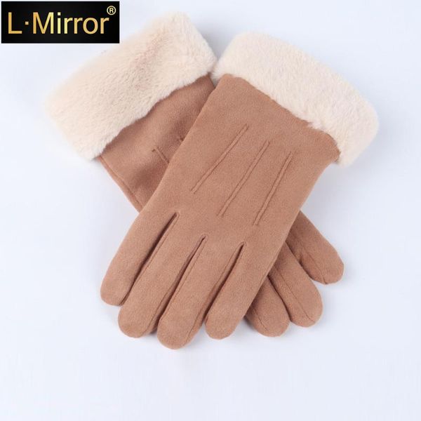 

l.mirror 1pair women winter gloves with fluffy fur cuff chamois leather fleece lining thermal ladies screen touch gloves new, Blue;gray
