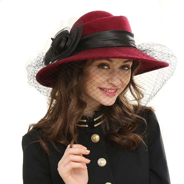 

wide brim veil fedora hat wool felt jazz hat winter autumn ladies bow fedora cap for women ladies fashion wedding hats, Blue;gray