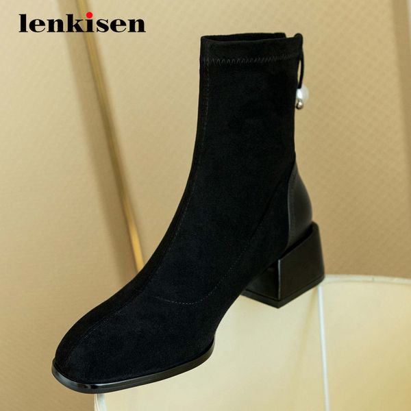 

lenkisen stretch boots pearl rivets modern beauty girls thick med heel round toe slip on gorgeous ankle boots l51, Black