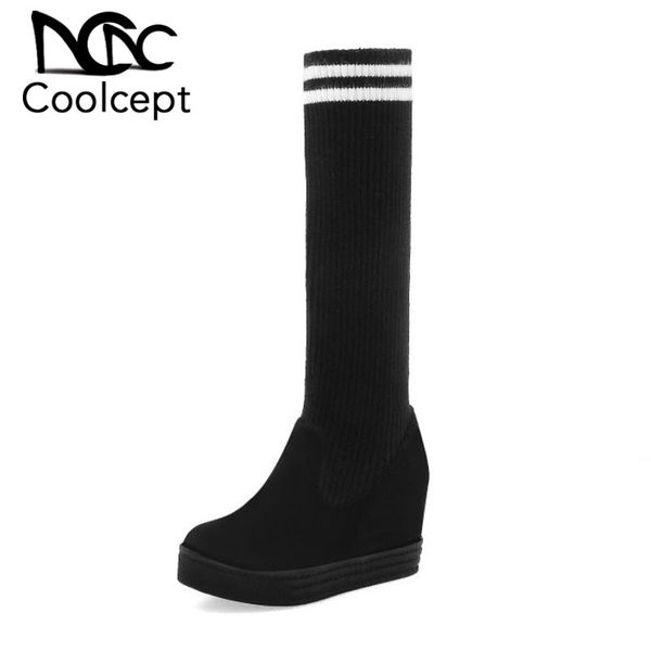 

coolcept women over the knee boots high-quality platform wool material warm stretch boots fashion style long size 34-44, Black