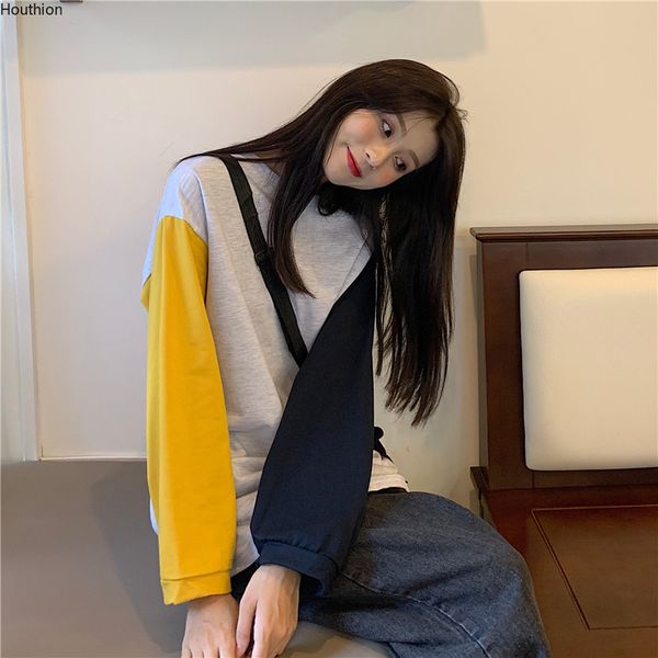 

houthion women sweater the new fashion casual temperament autumn loose long sleeve round neck splicing large size pullovers, White;black