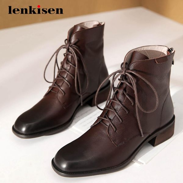 

lenkisen western boots natural leather vintage handsome cross-tied round toe thick med heel zipper punk fashion ankle boots l68, Black