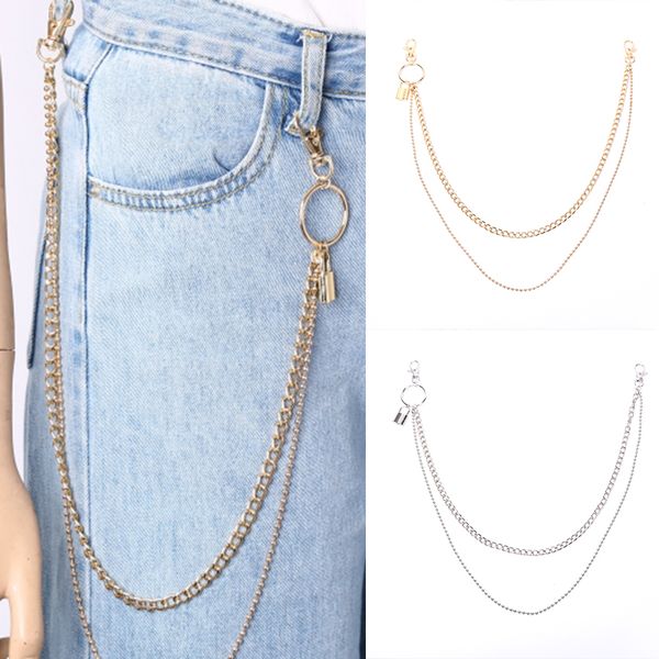 

2020 punk double layer pants chain for hipster rock waist hanging long wallet jean keychain ring clip keyring hiphop jewelry, Silver