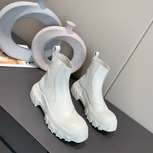 

white ankle boots design single shoes round toe botines mujer 2020 casual flat shoes slip-on botas feminina platform woman, Black