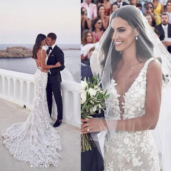 Steven Khalil Boho Beach Abito da sposa 2021 Abiti da sposa sexy a sirena senza schienale con scollo a V Appliques in pizzo 3D Cinturino Tromba Abiti da sposa da giardino