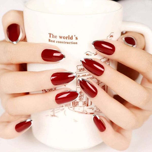 

diy 24pcs wine red false nails acrylic fake nails faux metal decoration ongles artificial nail tips with glue tn, Red;gold