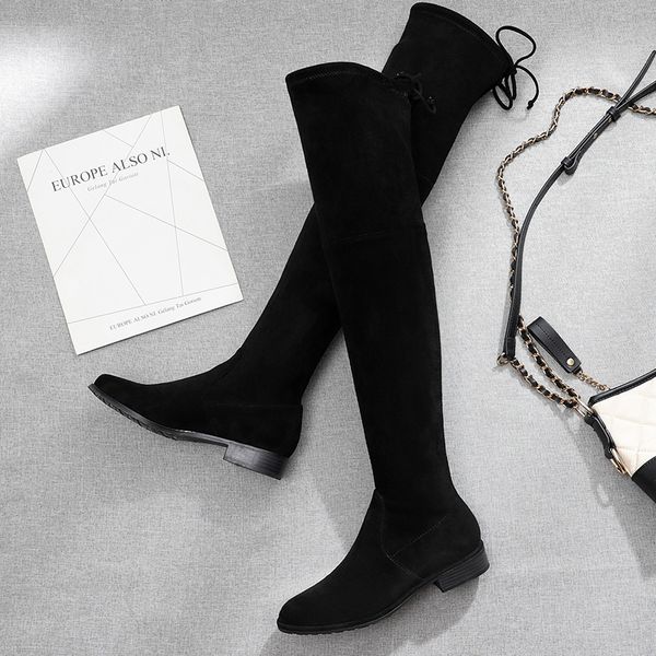 

2020 autumn winter women's high boots flock warm plush lace-up square low heel tight light over the knee woman boots, Black