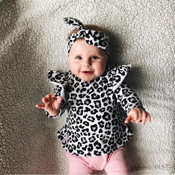 

clothing sets born baby girls clothes toddler cute leopard ruffle long sleeve t-shirt +pants+headband infant 3pcs set, White
