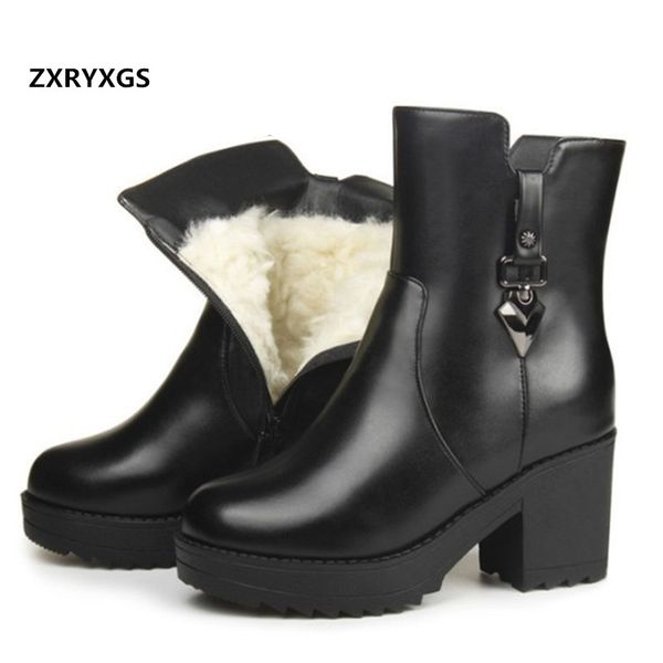 

100% cowhide full wool warm boots winter leather boots snow large size women shoes thick heel non-slip, Black