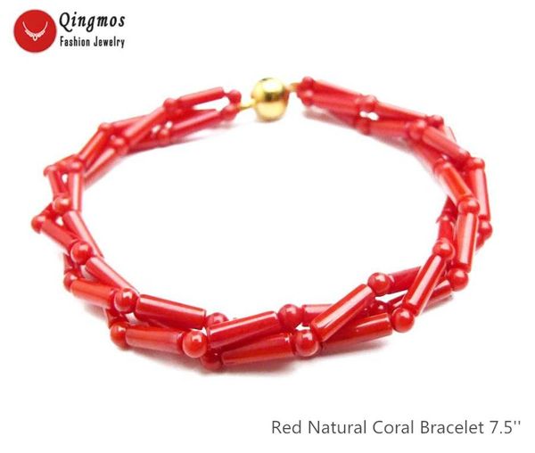 

qingmos fashion 3*9mm thick slice natural red coral bracelets for women with 3-4mm round coral bracelet jewelry 7.5'' bra487, Golden;silver