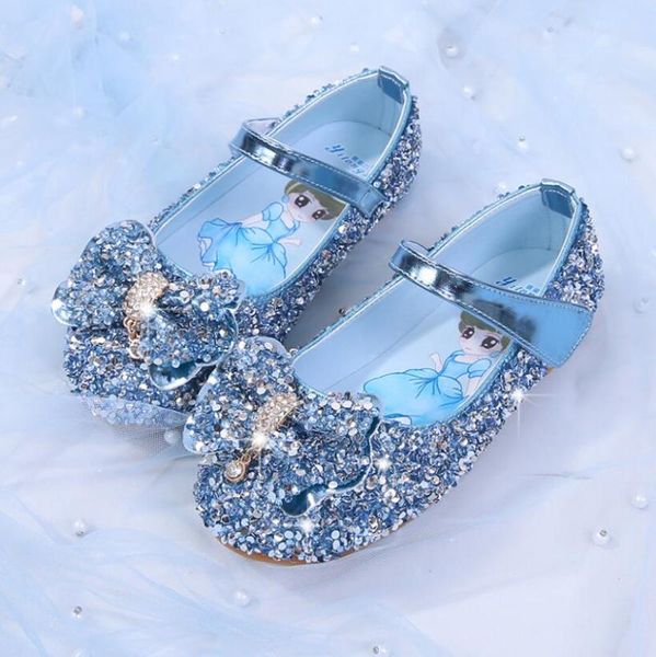 

princess kids leather shoes for girls casual glitter shoes children dance butterfly knot blue pink silver performance shoe, Black;grey