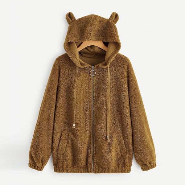

women warm teddy hoodies sweatshirt bear ears hooded solid color long sleeve zip pocket coat women oversize plush hoodies 2020, Black