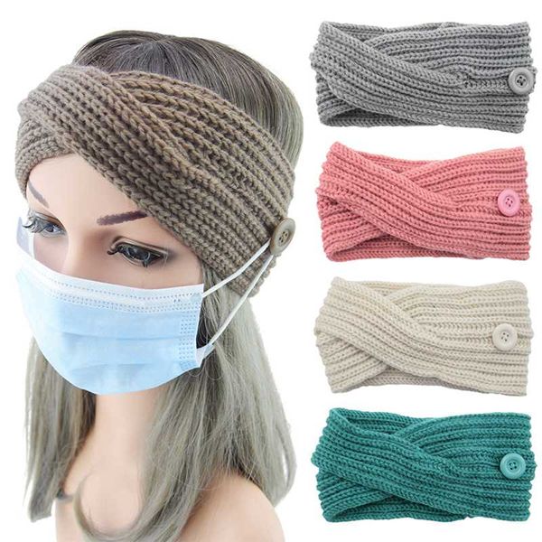

winter knit warm headbands for women forehead cross with buttons solid ladies turban headwear hair ribbons hair accessories