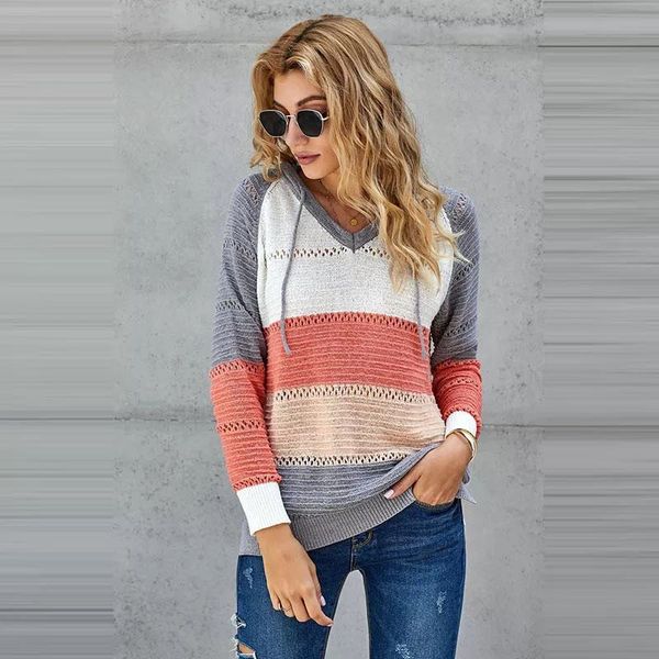 

2020 hooded sweater women hollow out striped autumn winter v neck sweaters plus size long sleeve knitted pullover jumpers, White;black